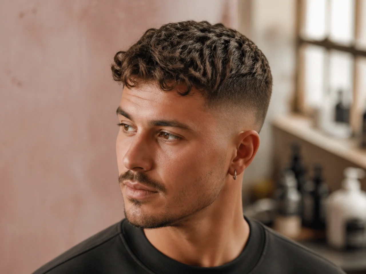 Three-quarter view of short wavy men's hair