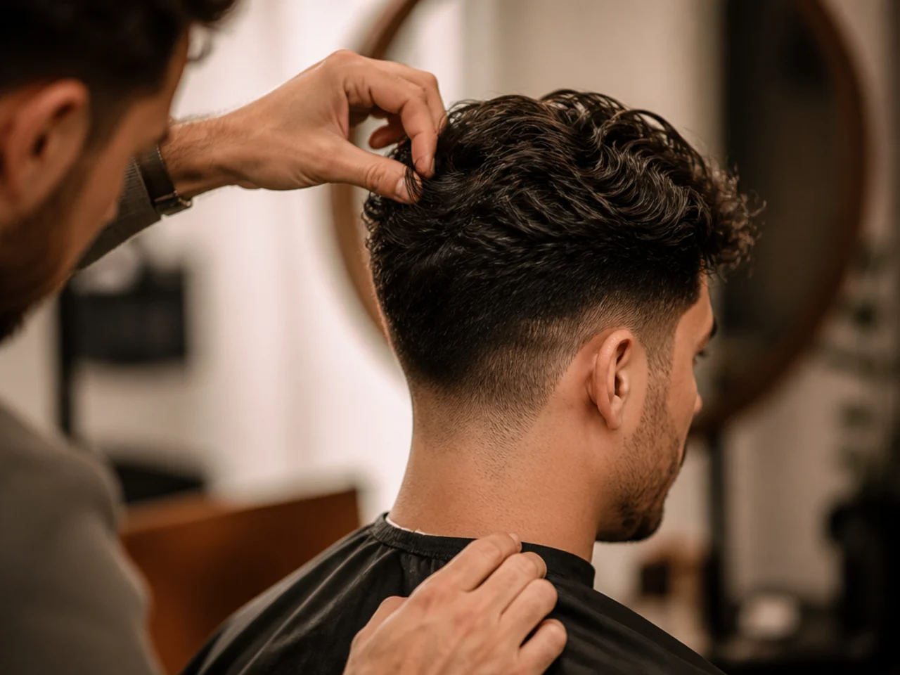 A barber checking the growth pattern on wavy hair before cutting