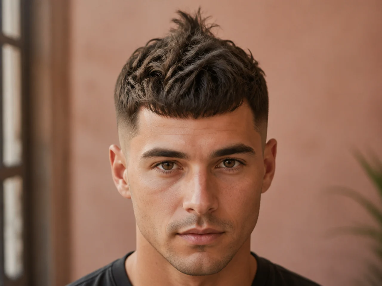 A crown tuft standing up on short wavy hair