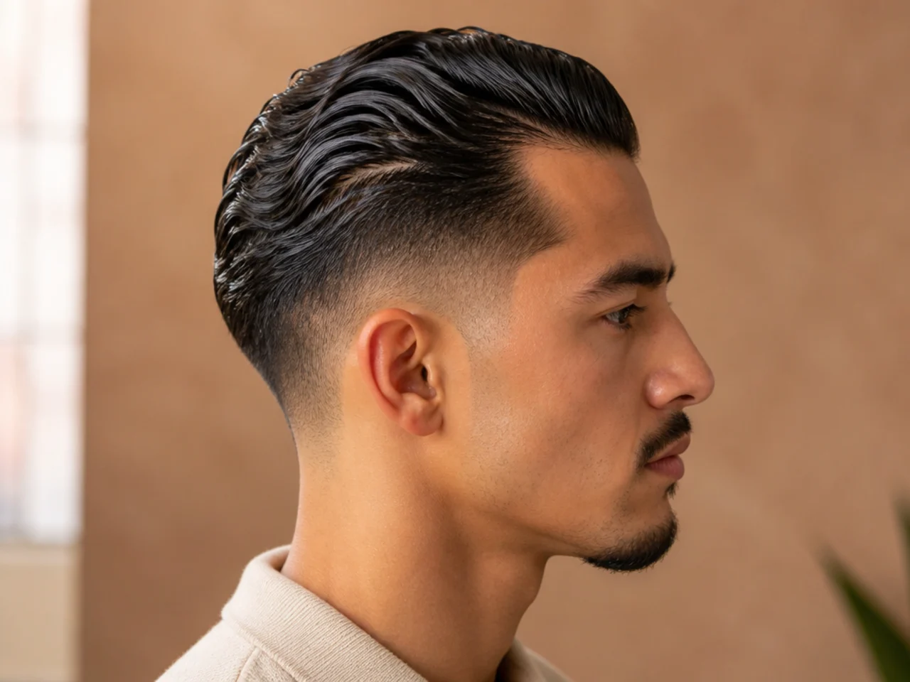 Wet wavy hair pushed straight back showing where it splits