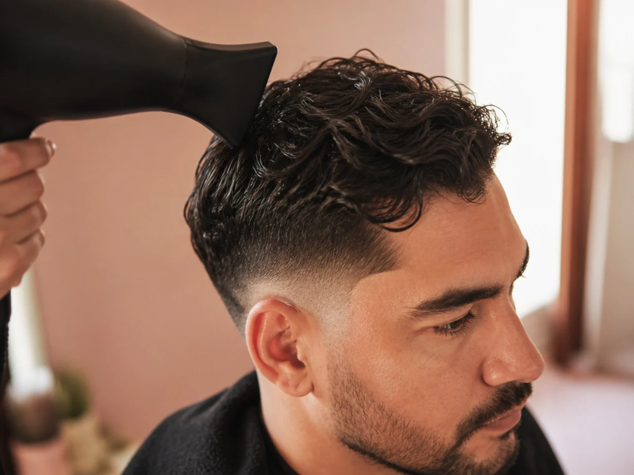 Short wavy hair being set with a dryer while damp