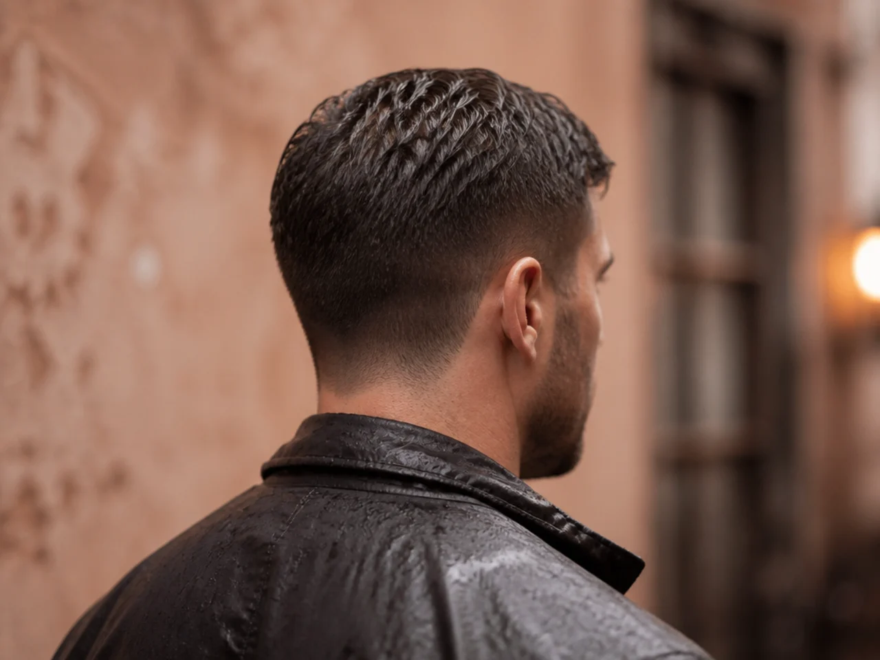 Short wavy hair flattened by rain