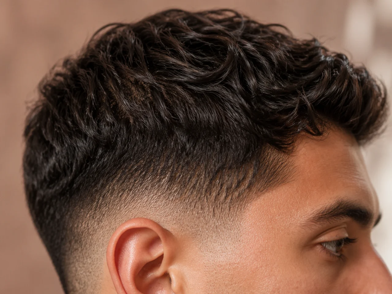 Wavy hair concealing a clipper line at the side