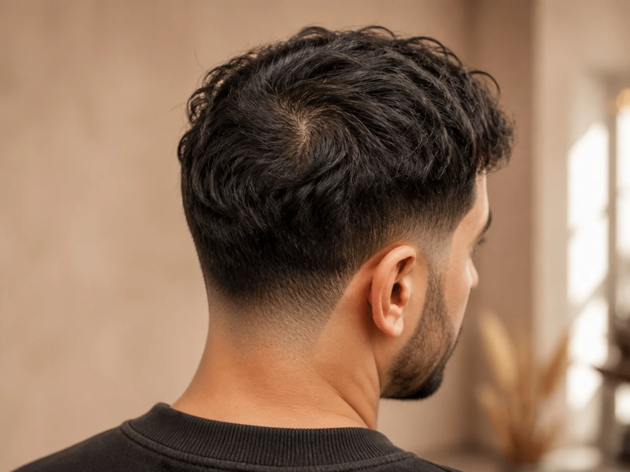 A parting on wavy hair beginning to lose definition