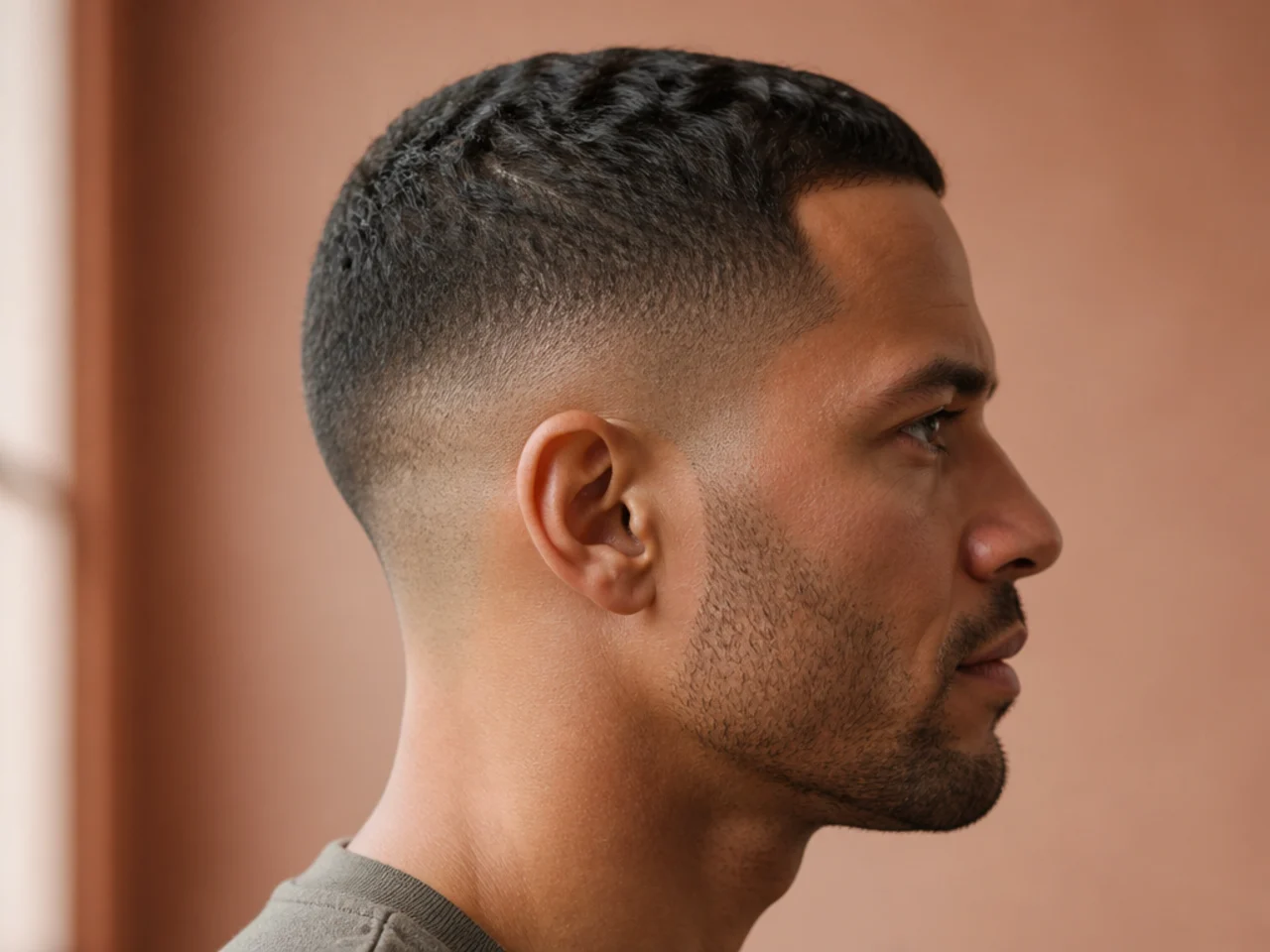 The crown of a buzzed wavy head still showing texture