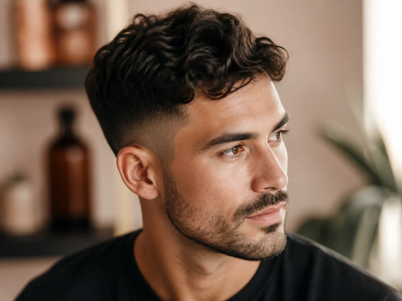 Three-quarter view of a short wavy men's haircut