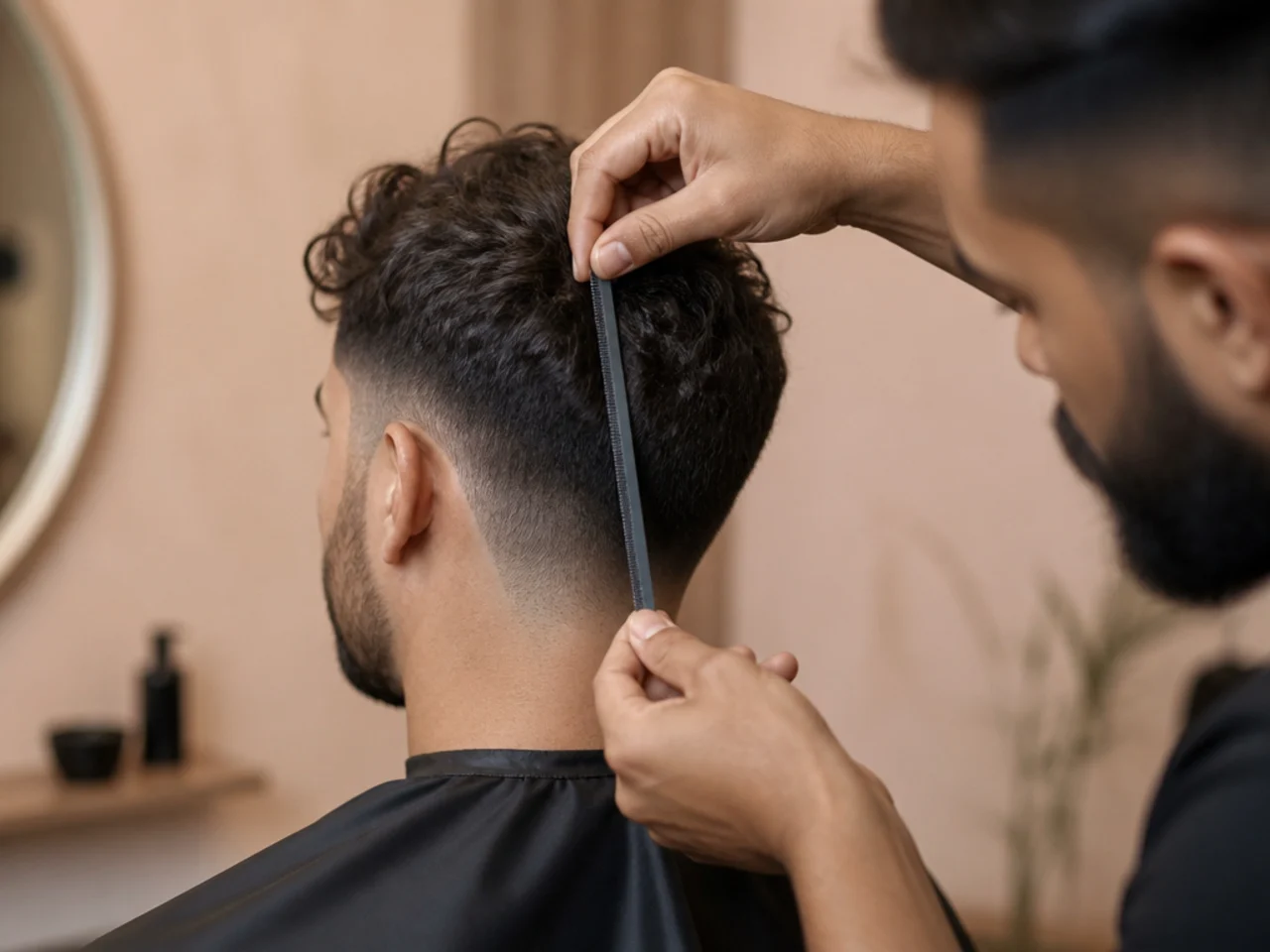 A barber measuring the length of wavy hair on top