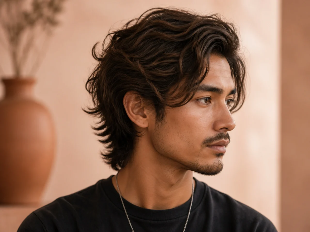 Side-swept wavy wolf cut on 2B hair with a deep side part and volume falling to one side