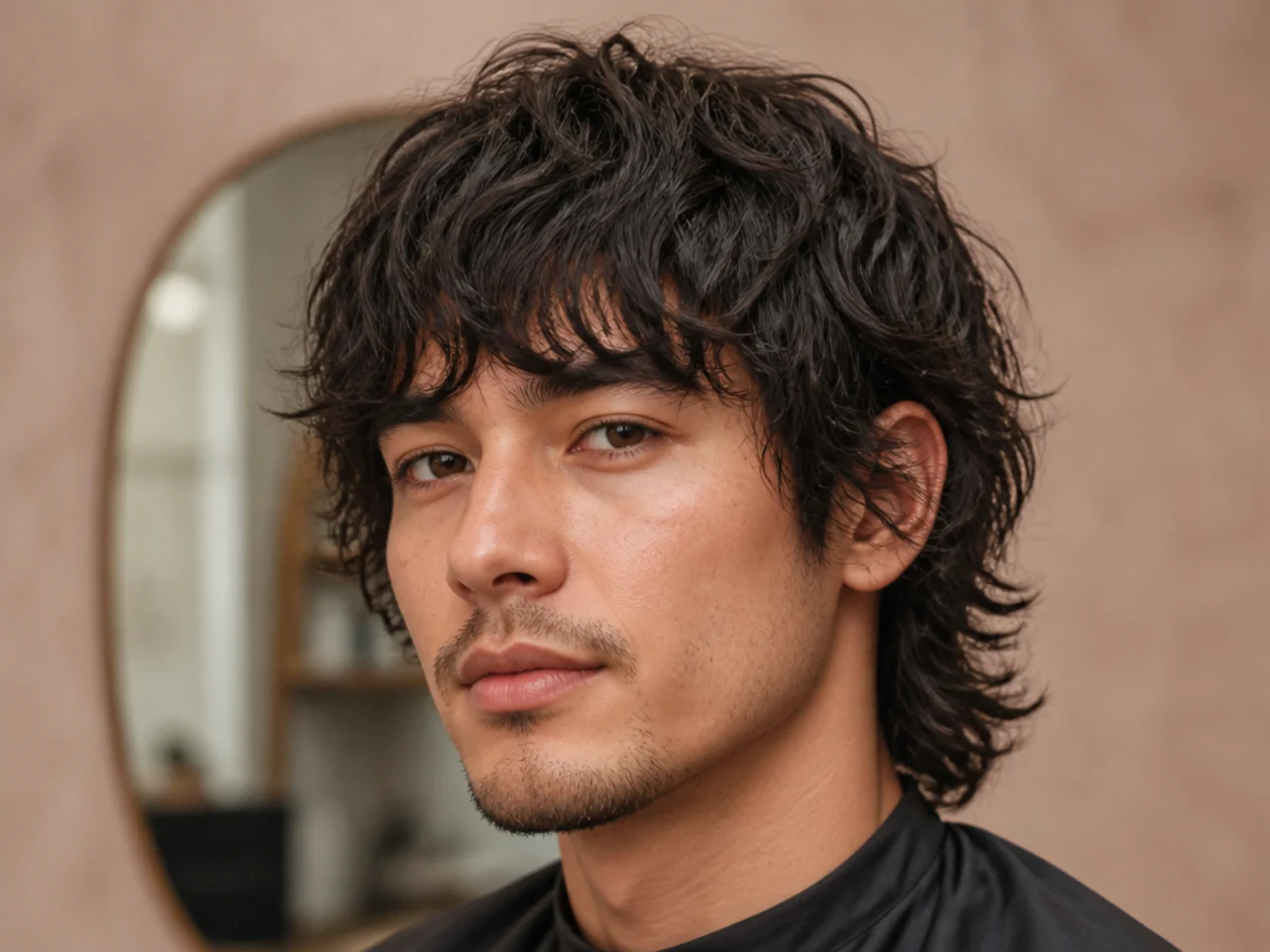 Wavy wolf cut with piecey textured fringe on 2B hair dropping forward over the brow