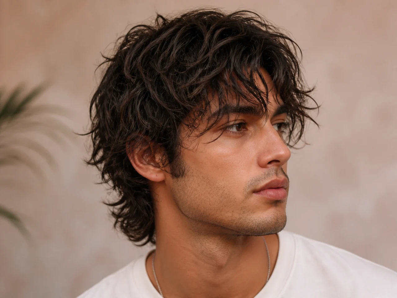 Messy wavy wolf cut on 2B hair with tousled layered crown and undone piecey ends