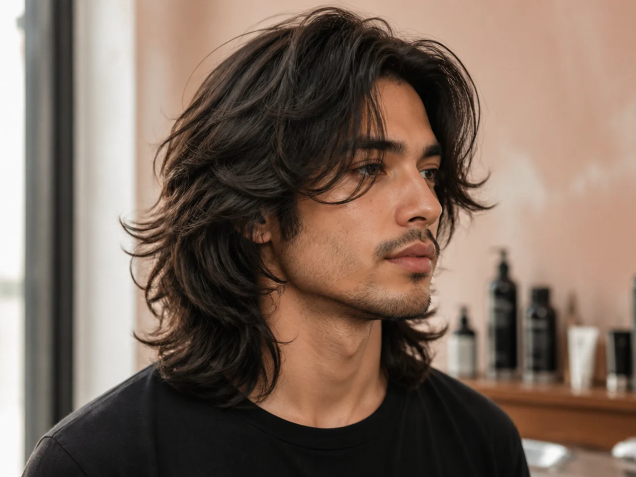 Long wavy wolf cut on 2B hair with six-inch top layers and shoulder-brushing nape length