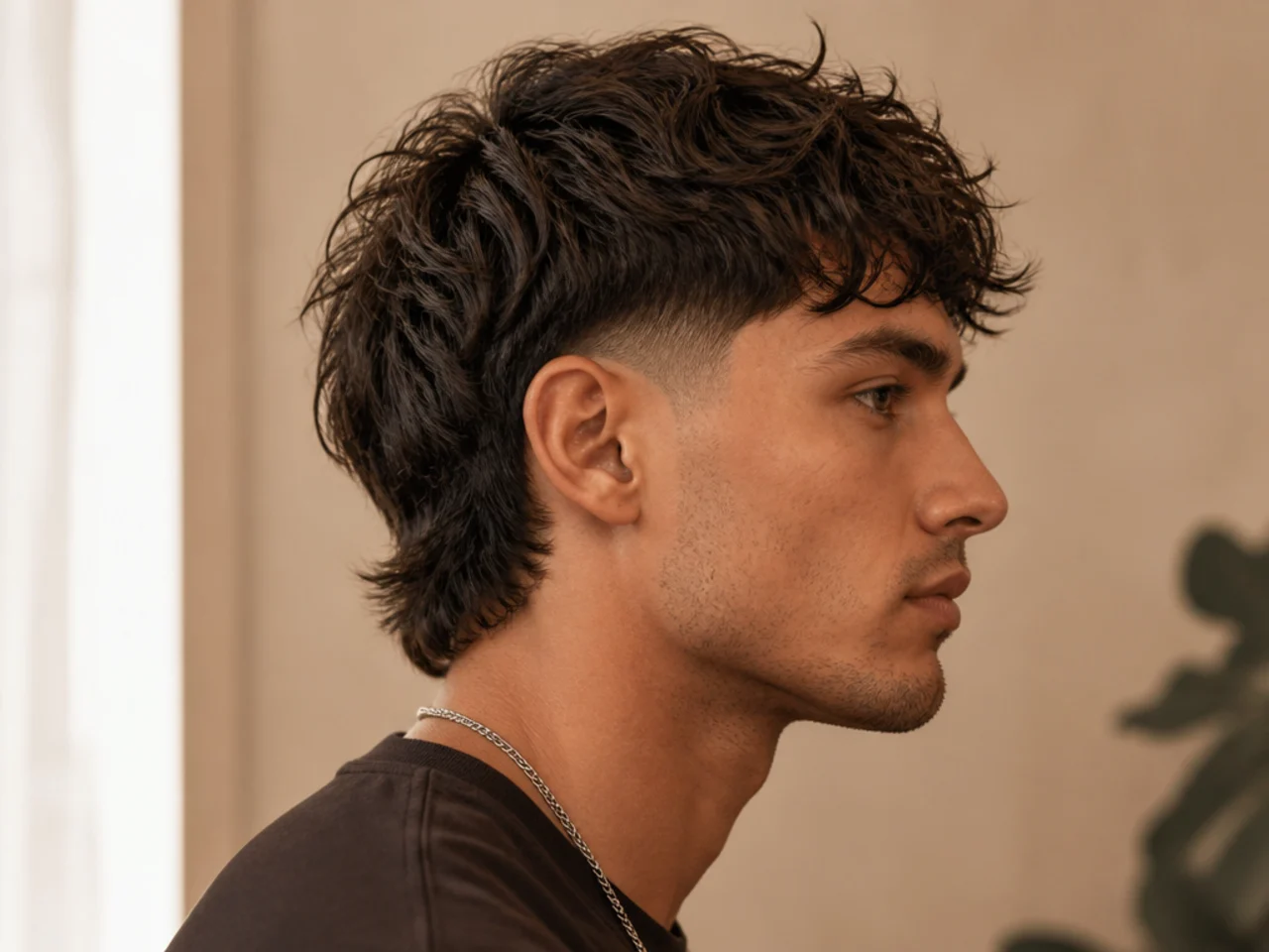 Wavy wolf cut with low taper fade on 2B hair, tight sides beneath layered mid-length top