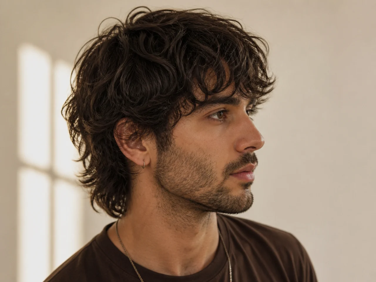 Loose 2A wave wolf cut with soft S-wave pattern and longer feathered perimeter on a young man