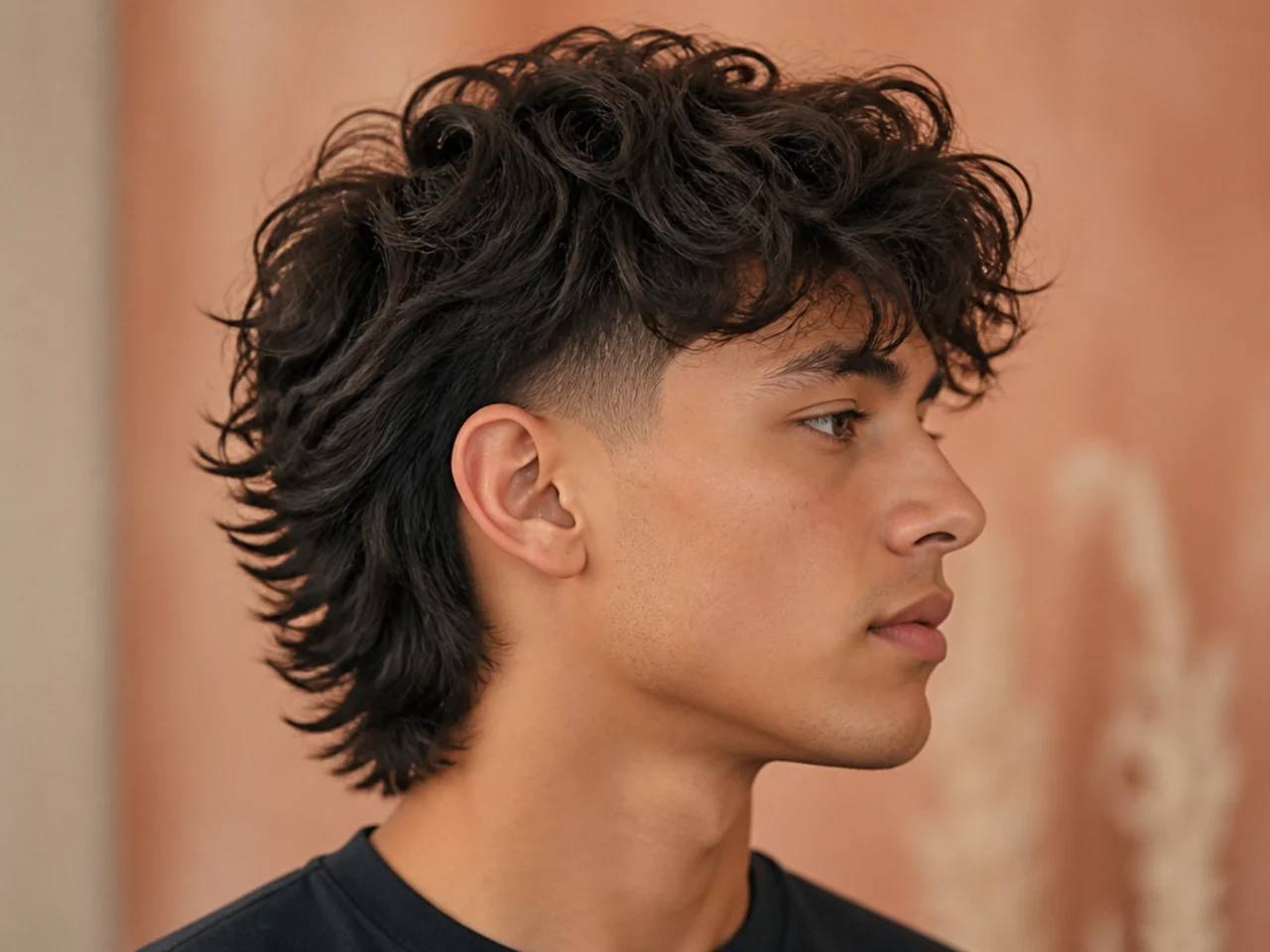 Wavy wolf cut with burst fade on 2B hair, arc curving around the ear beneath layered wavy top mass