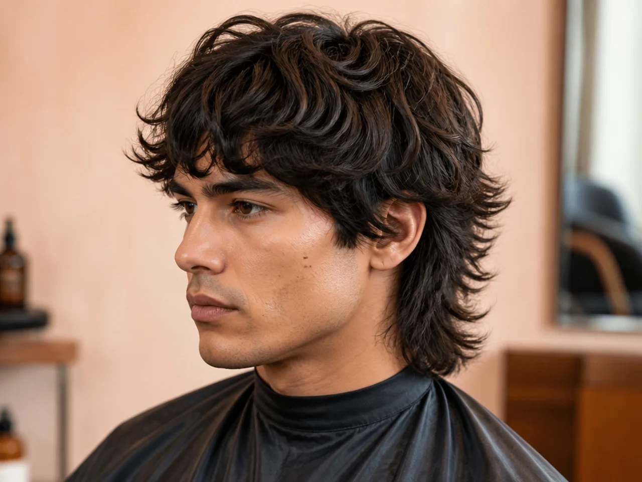 Defined 2B wave wolf cut with visible S-pattern and layered crown volume on a young man