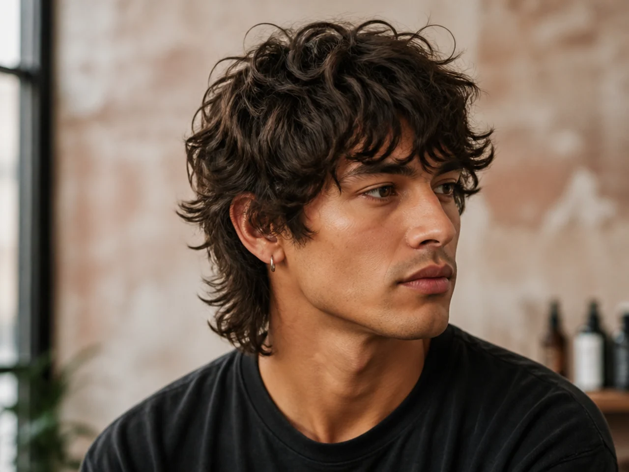 Deep 2C wave wolf cut with dense S-wave pattern and aggressive internal layers on a young man