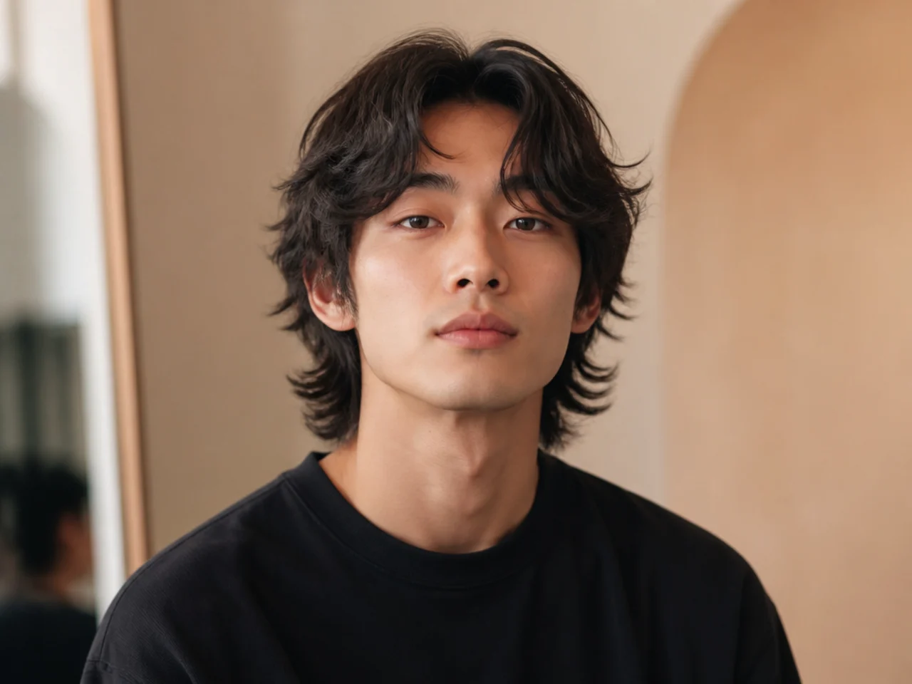 Korean wavy wolf cut on a young Asian man with 2B waves, curtain fringe over the brow, and glossy softly rounded layers