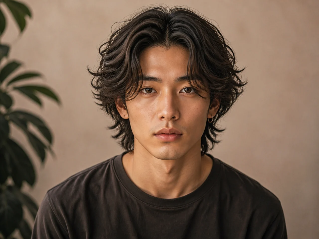 Middle part wavy wolf cut on 2B hair falling in two symmetrical panels from a center part