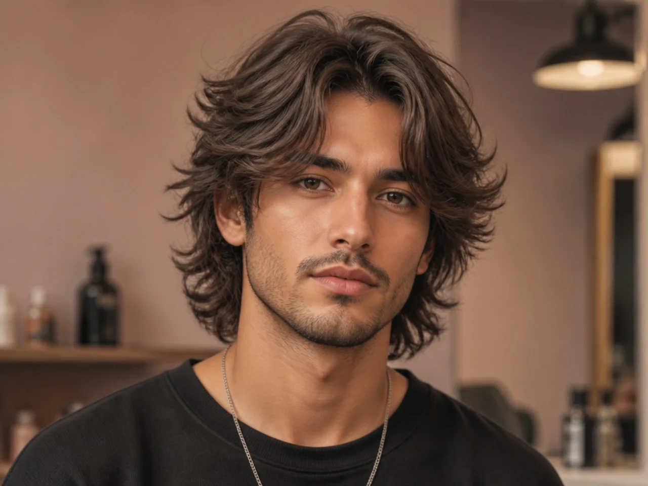 Wolf cut with curtain fringe on 2B wavy hair, two soft panels parting at center and curling out at the temples