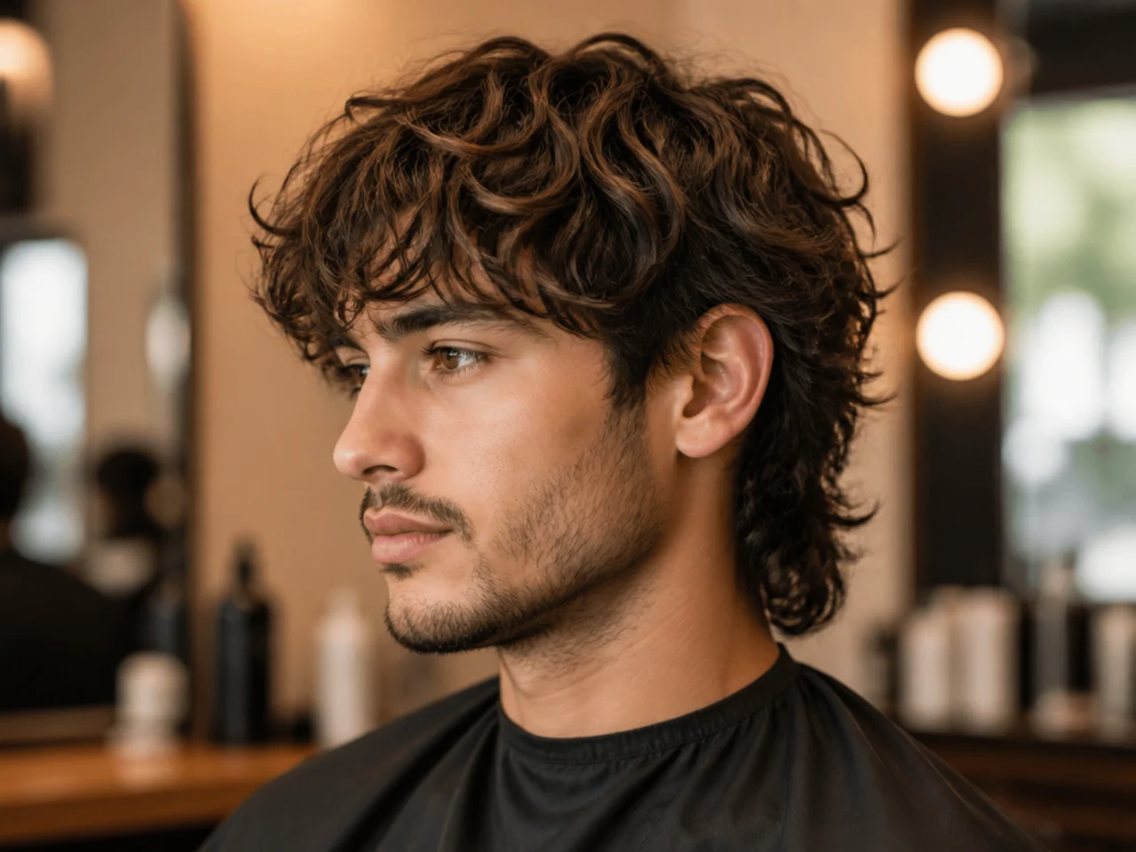 Barber and client discussing wavy wolf cut reference photos on a phone in a modern barbershop chair