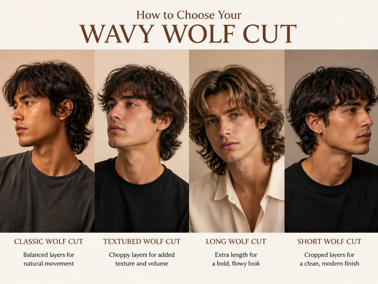 Three men shown side by side with loose 2A, defined 2B, and deep 2C wolf cut variations on wavy hair
