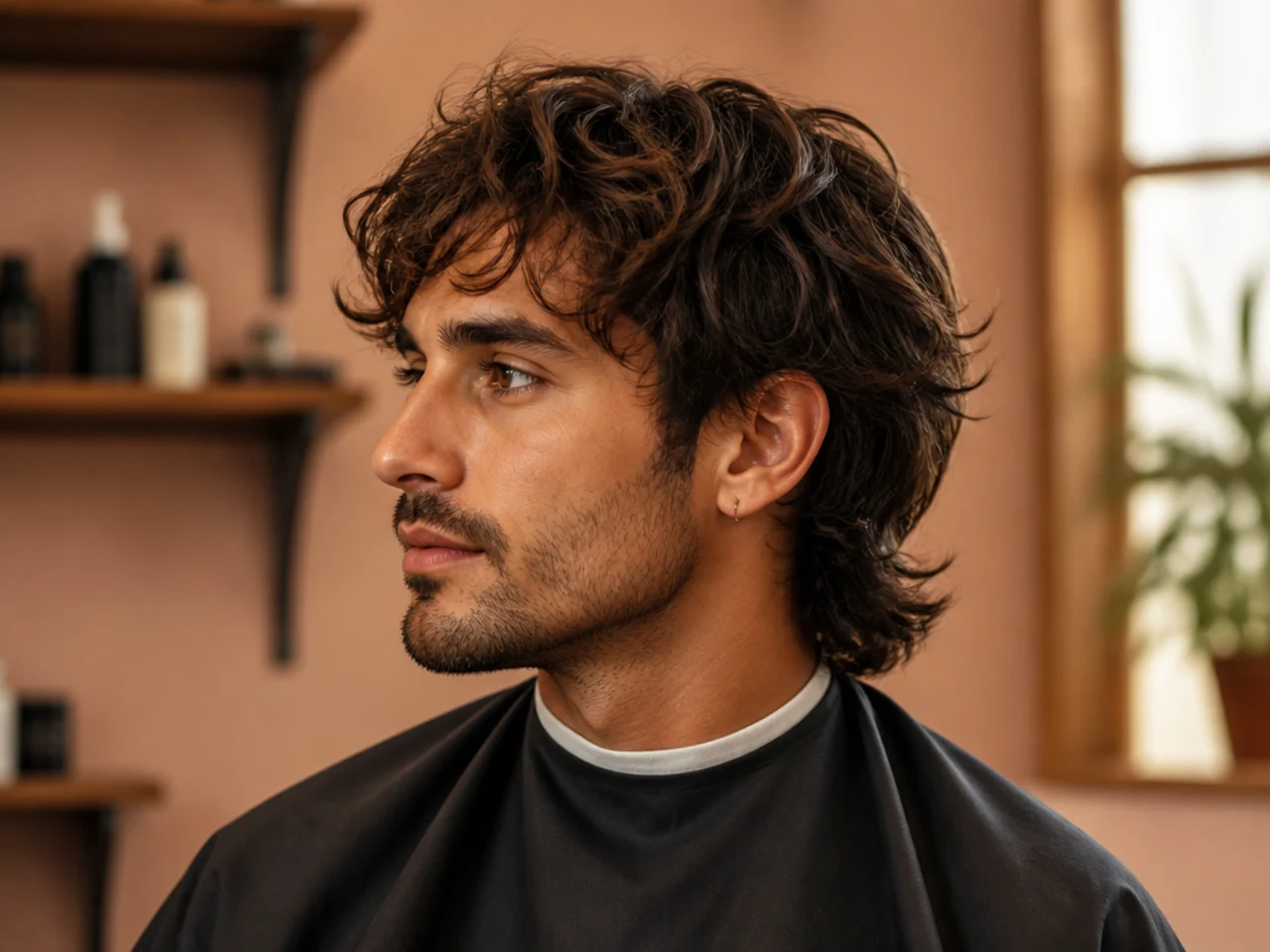 Styling products for a wavy hair wolf cut laid out — sea-salt spray, curl cream, leave-in conditioner, diffuser, and finishing spray