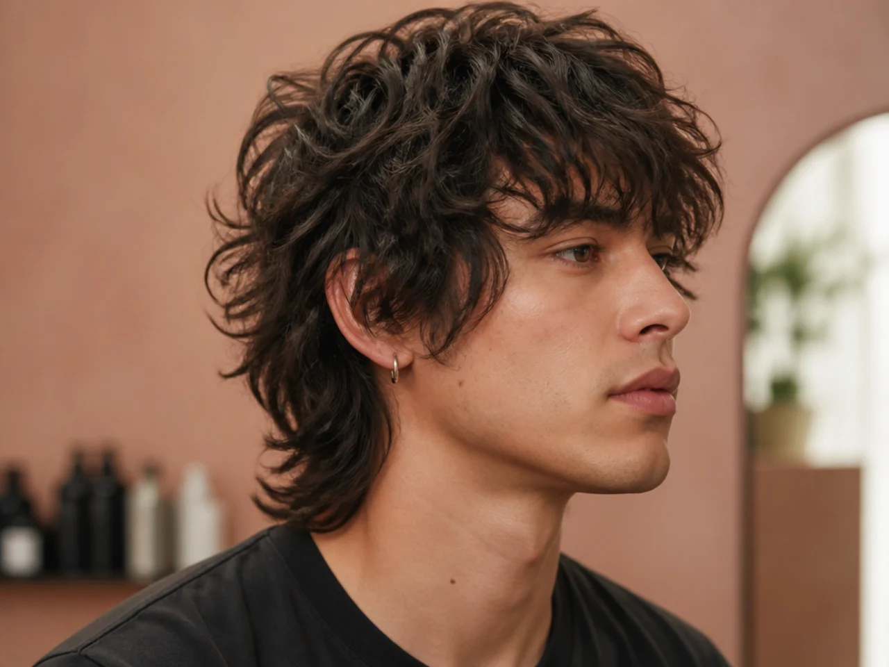 Side-profile of a wolf cut on 2B wavy hair showing crown lift, mid-length internal layers, and feathered perimeter with visible wave pattern