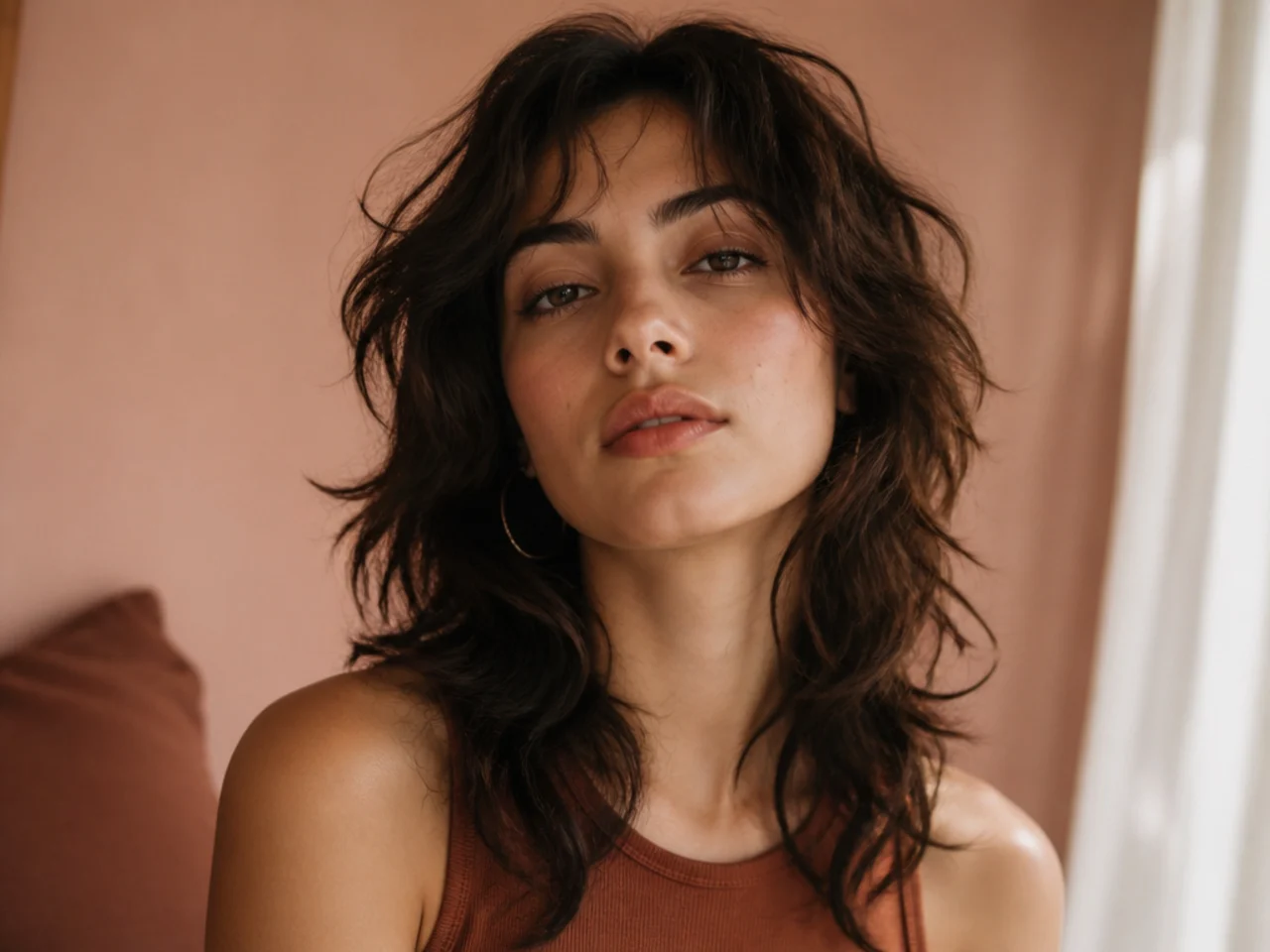 A wavy wolf cut with shallow crown layering