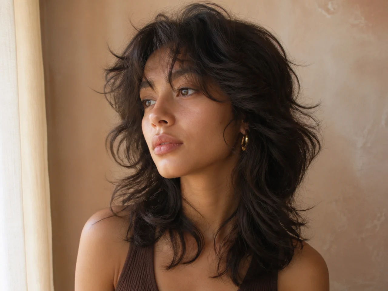 A wavy wolf cut with deep layering and high crown volume