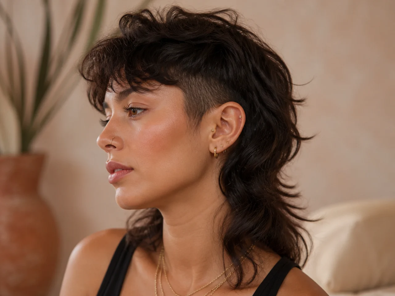 A wavy wolf cut with a low fade at the sides
