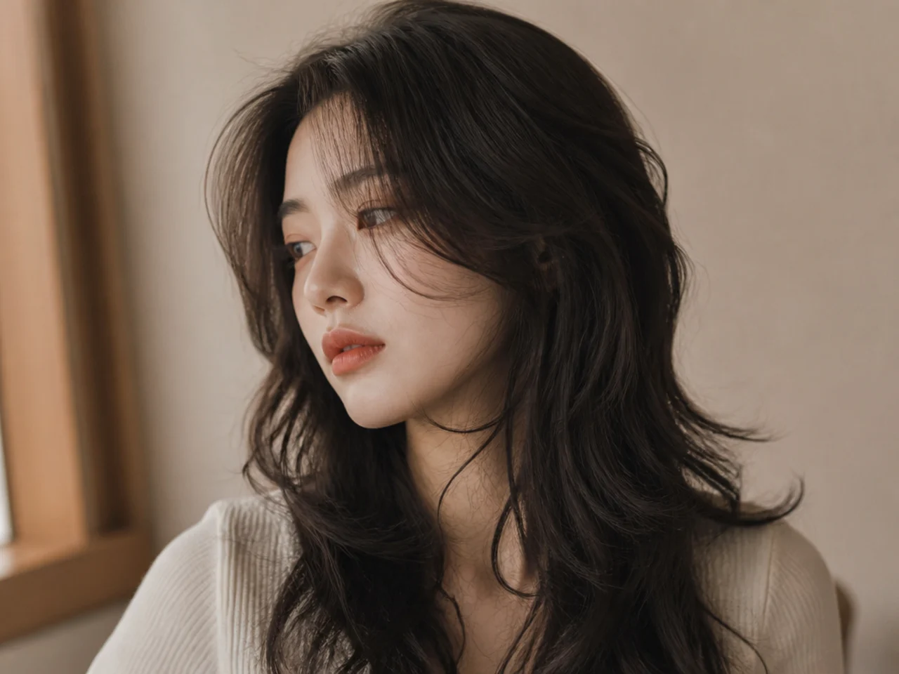 A Korean style wavy wolf cut with rounded crown volume