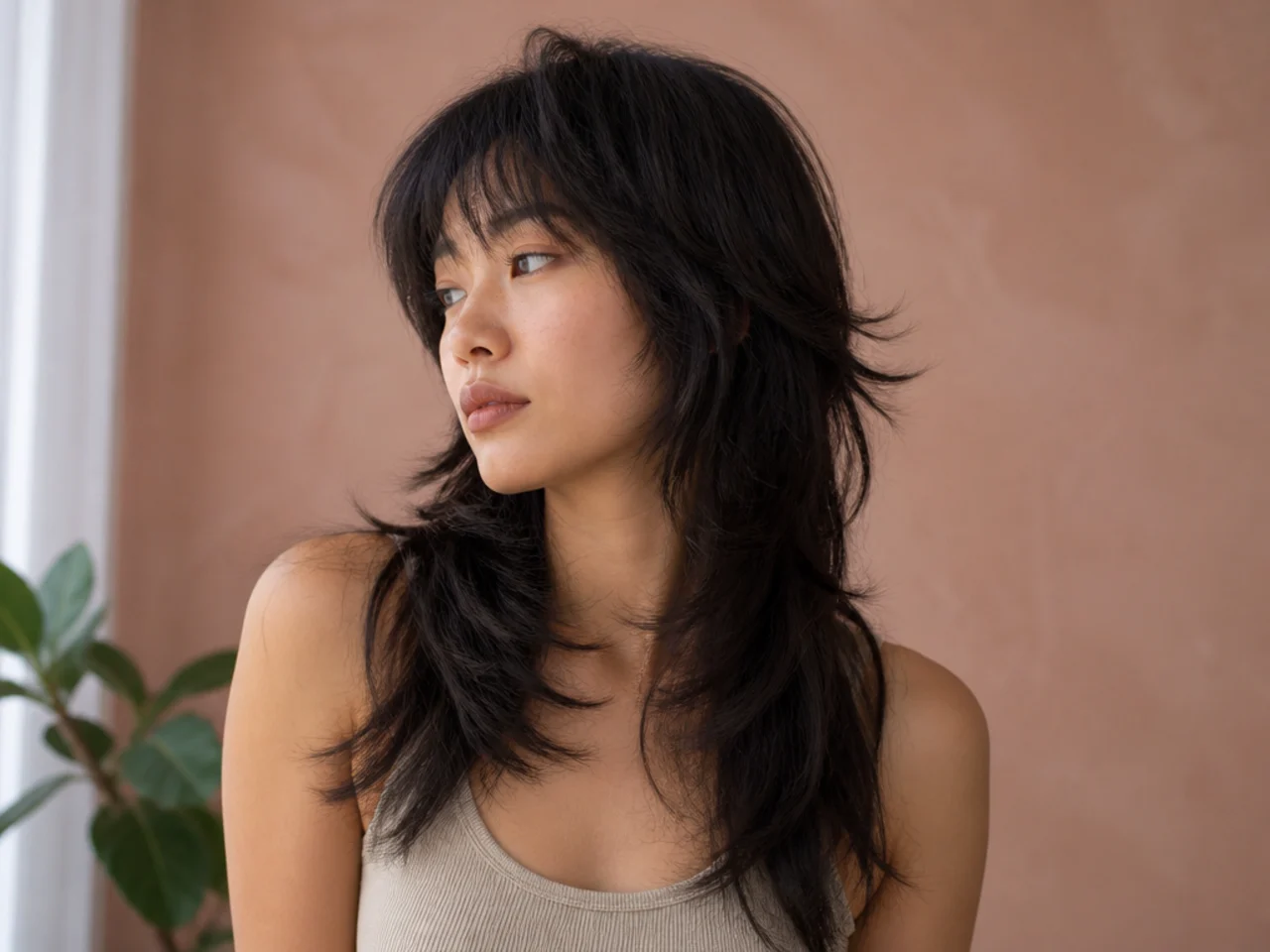 An Asian wolf cut with deep layers on coarse hair