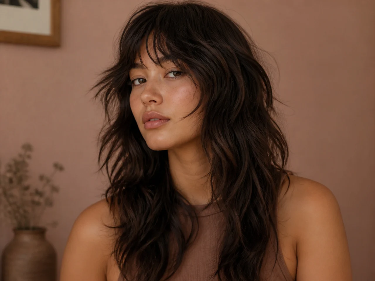 A wolf cut on loose wavy hair