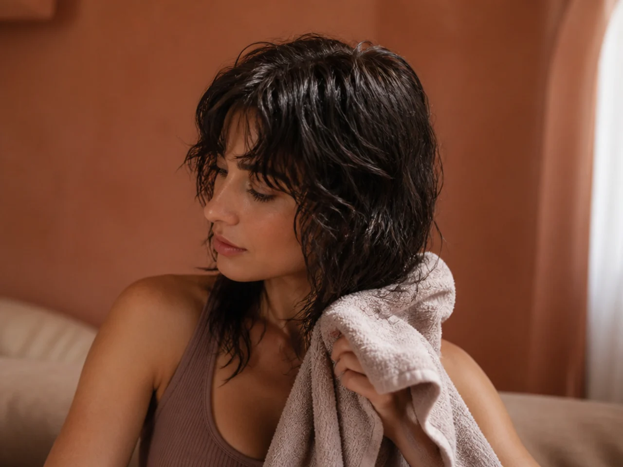 A wavy wolf cut blotted with a microfibre towel