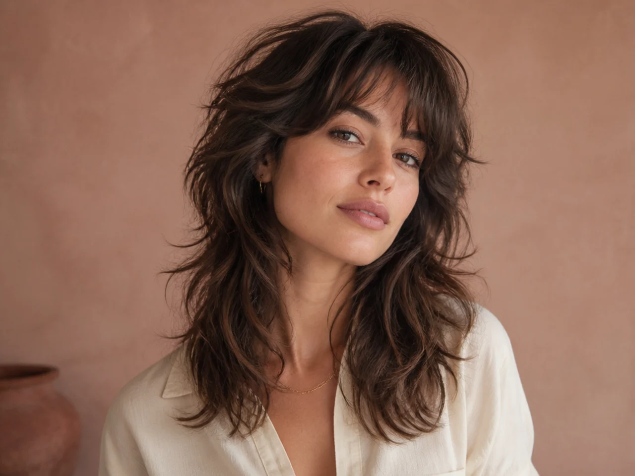 A wavy wolf cut styled with a light cream only