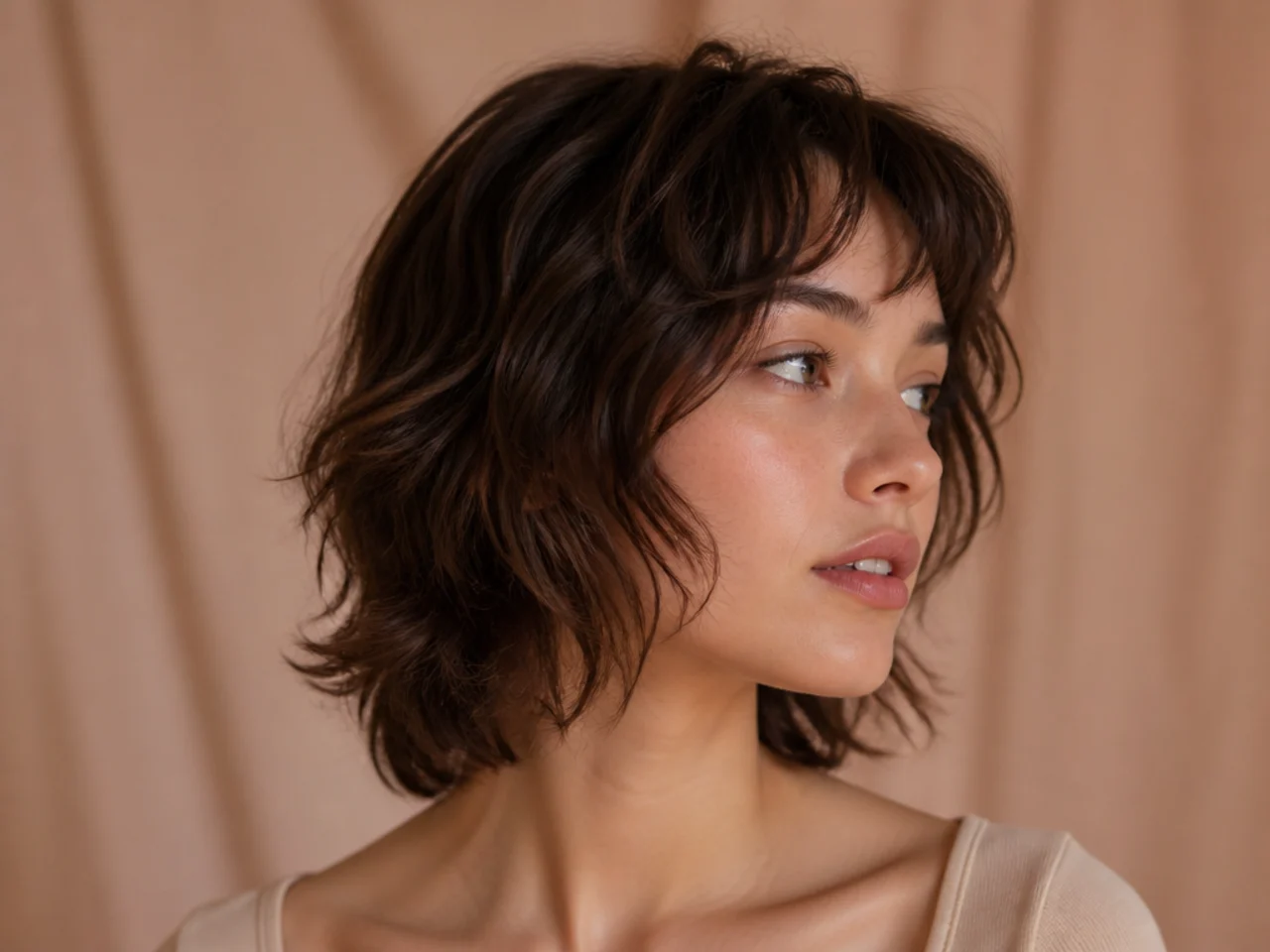 A mid length wavy wolf cut sitting at the jaw