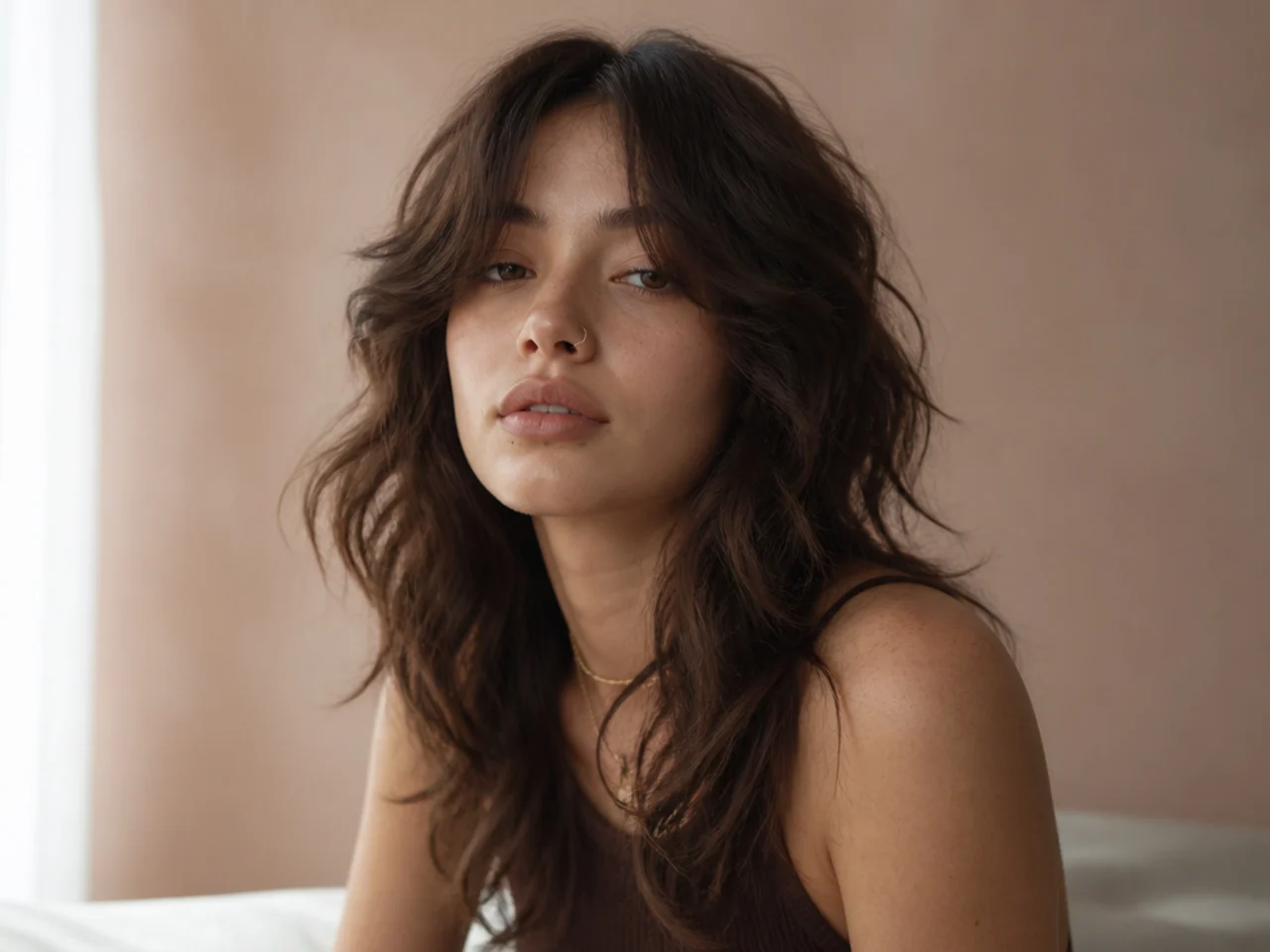 A wavy wolf cut with a curtain fringe