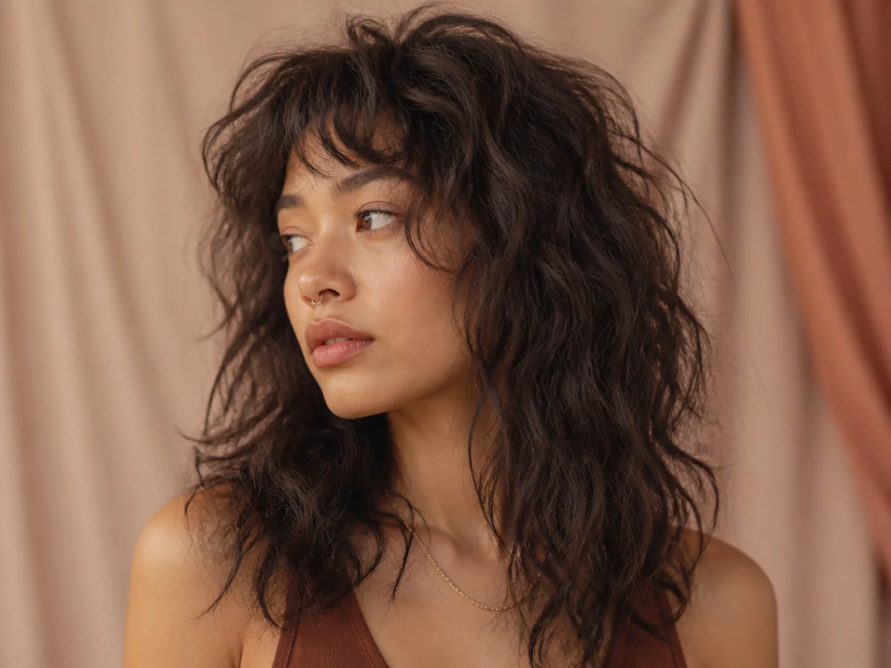 A wavy wolf cut brushed out and frizzy