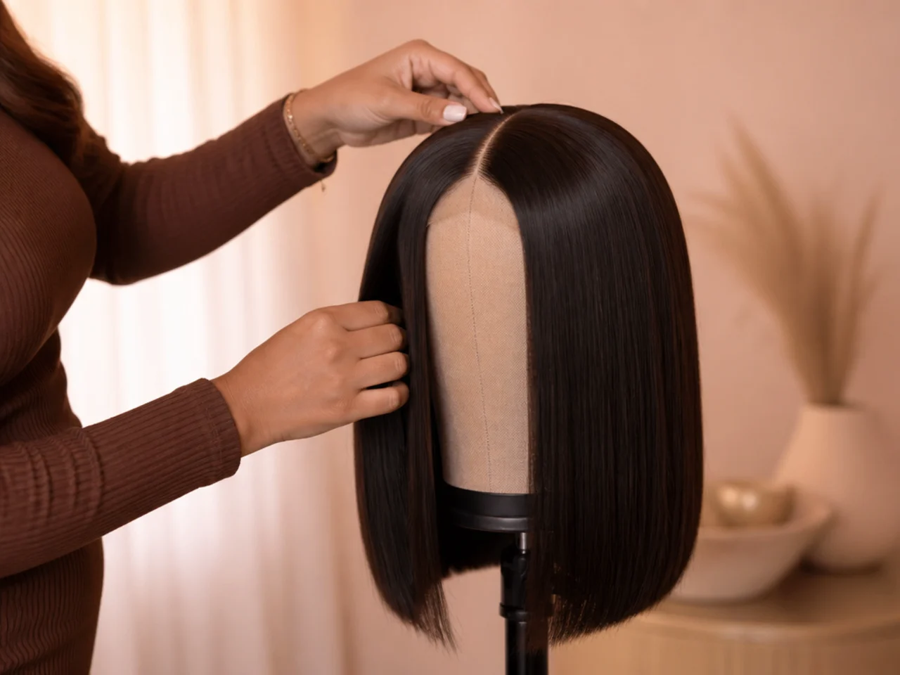 A wig being styled on a stand