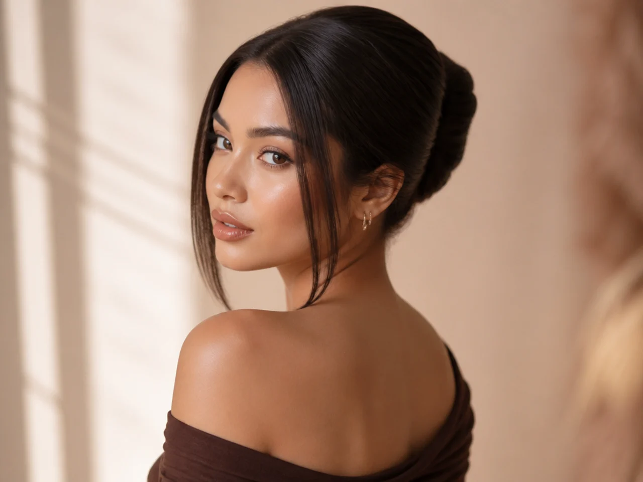 An updo on a wig held without scalp pins