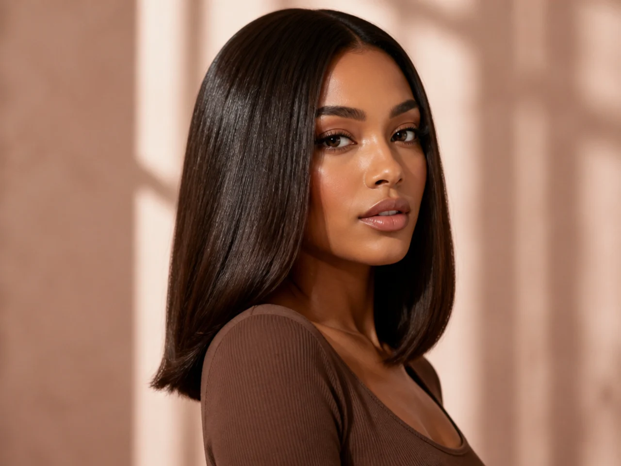 Three-quarter view of a styled straight wig