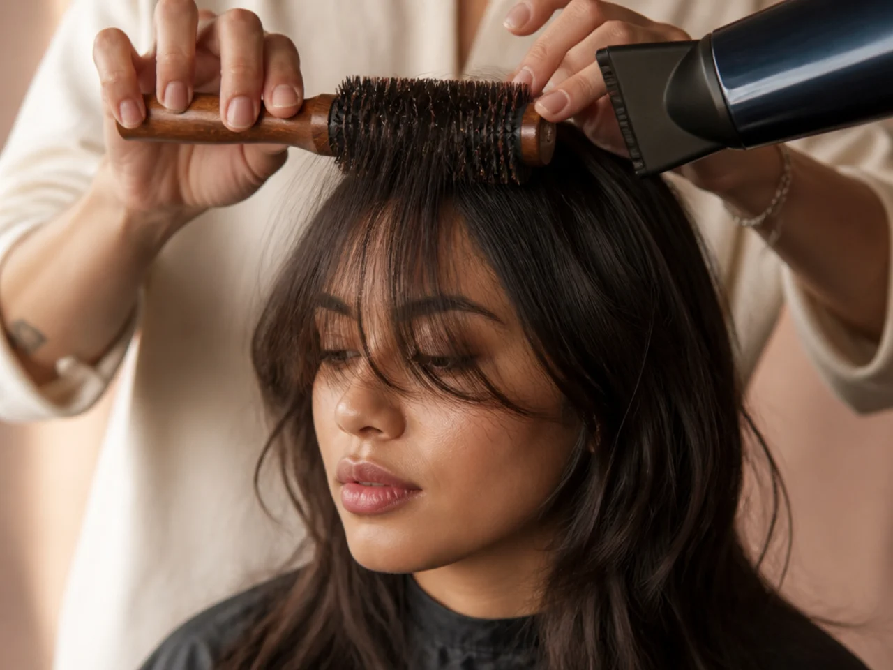 A round brush setting a wispy fringe