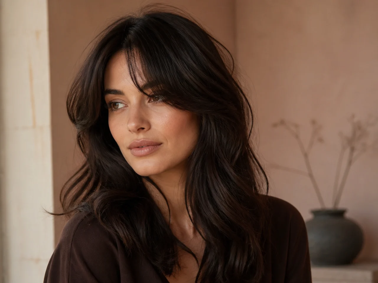 Wispy curtain bangs with an off centre parting