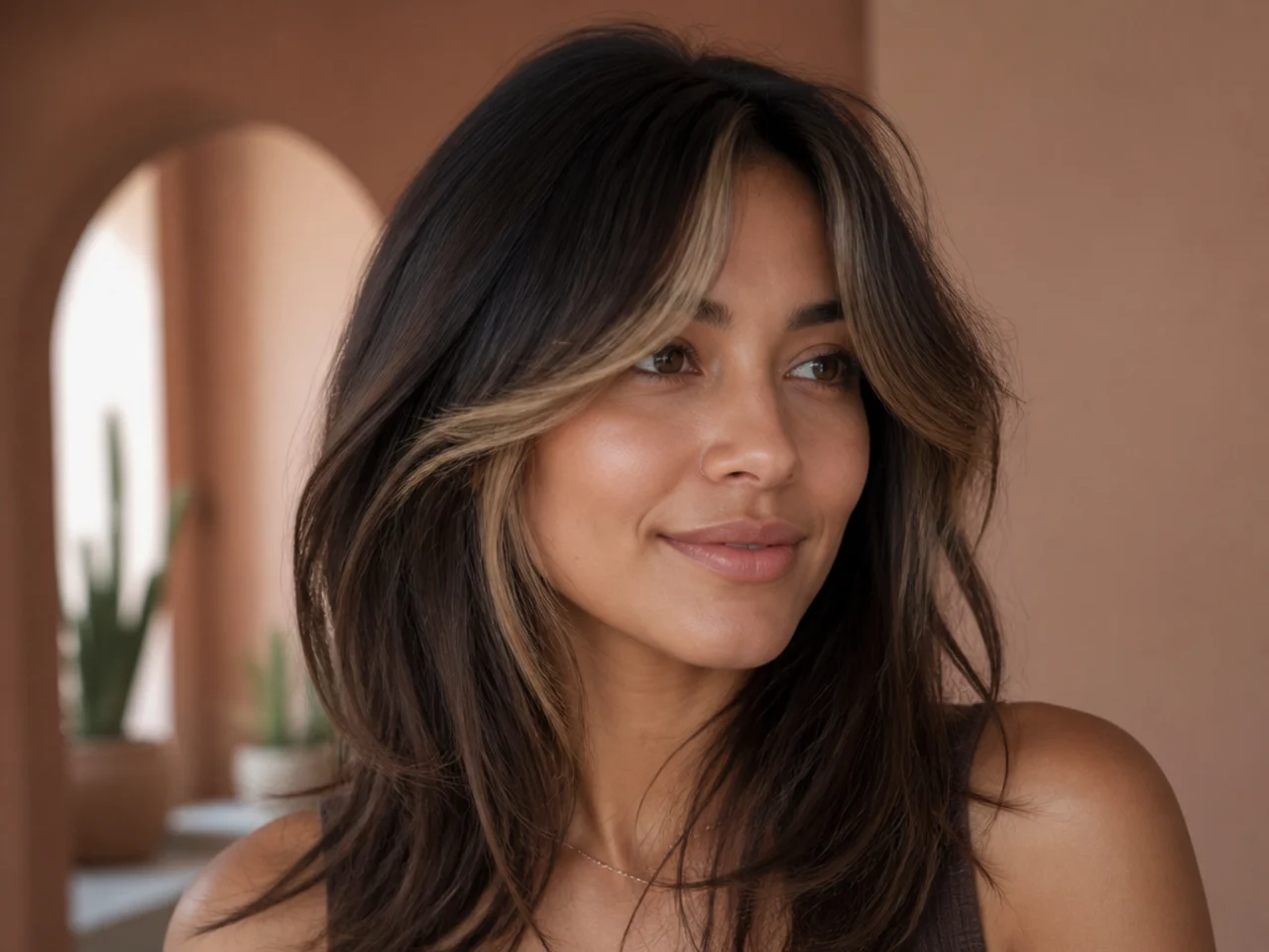 Wispy curtain bangs with a lightened money piece
