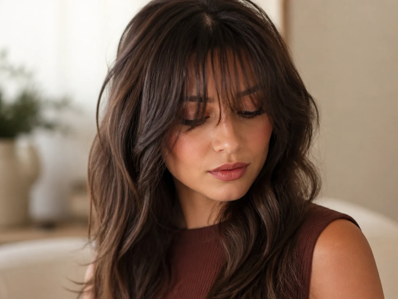 Wispy bangs running into face framing layers