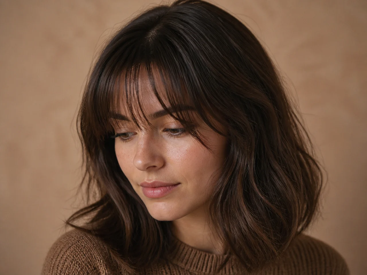 Wispy bangs cut long over a front cowlick