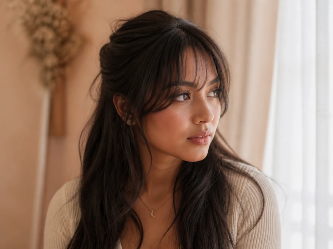 Wispy curtain bangs worn with a half up style