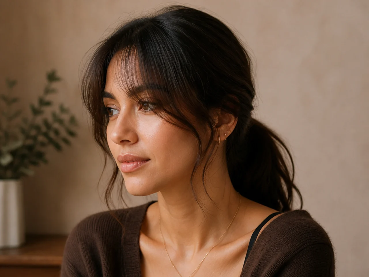 Wispy curtain bangs with a low ponytail