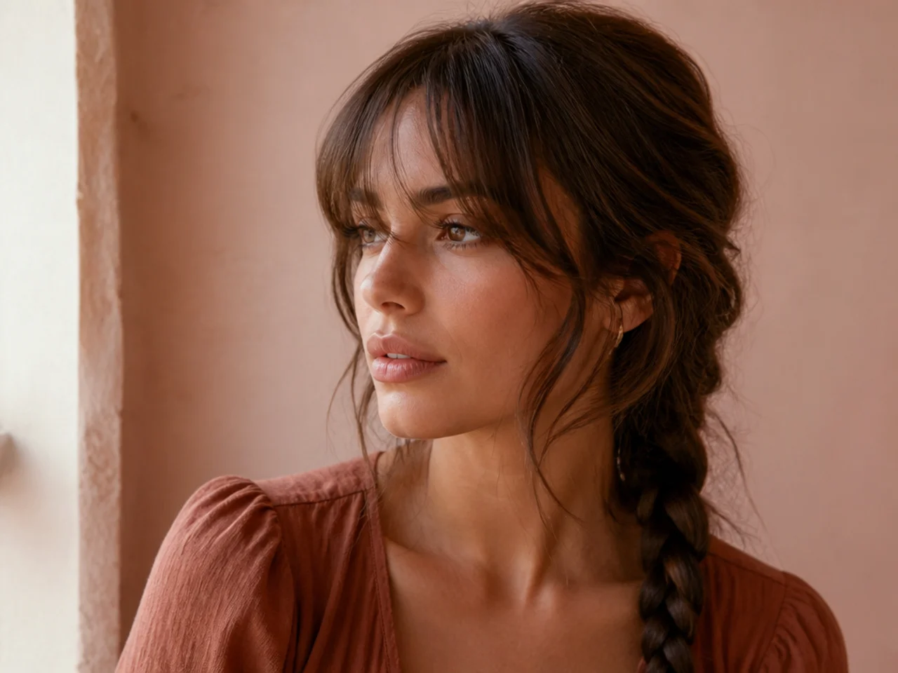Wispy curtain bangs worn with a braid