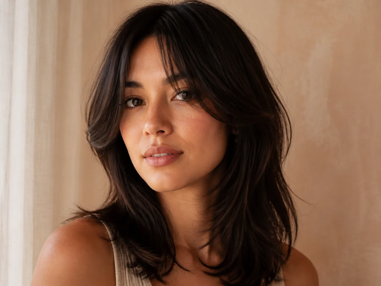 Wispy curtain bangs cut to the cheekbone